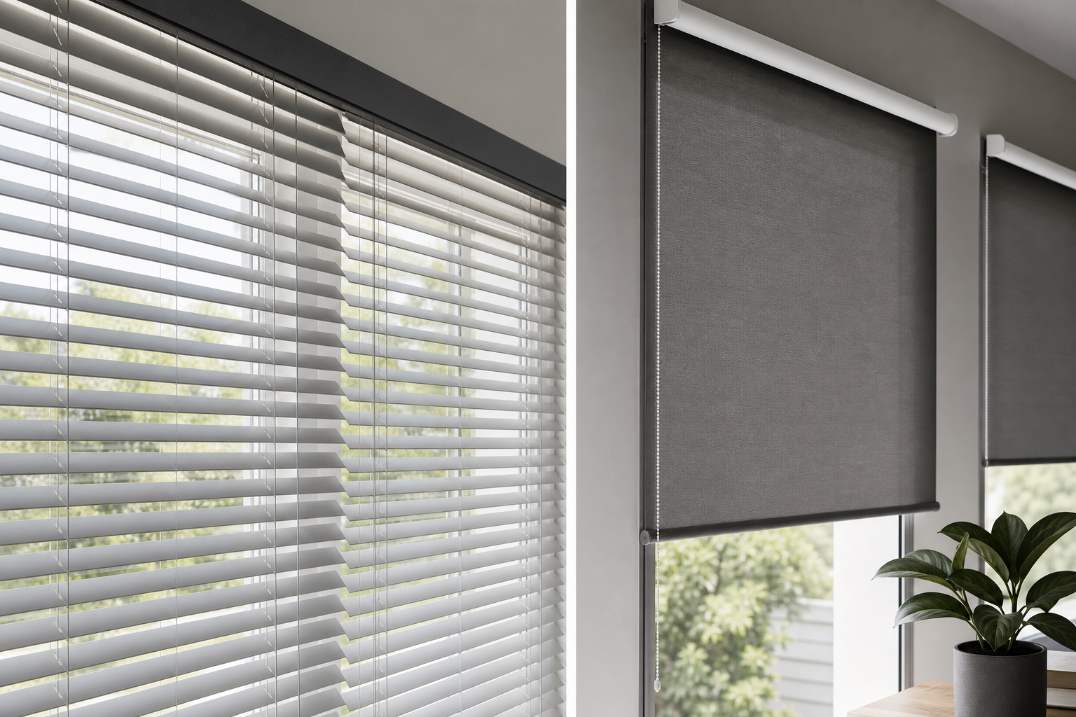Modern blinds fitted to a bright window