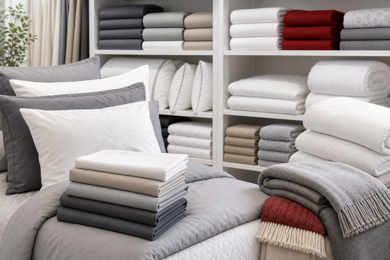 Folded bedding, towels, pillows, and throws