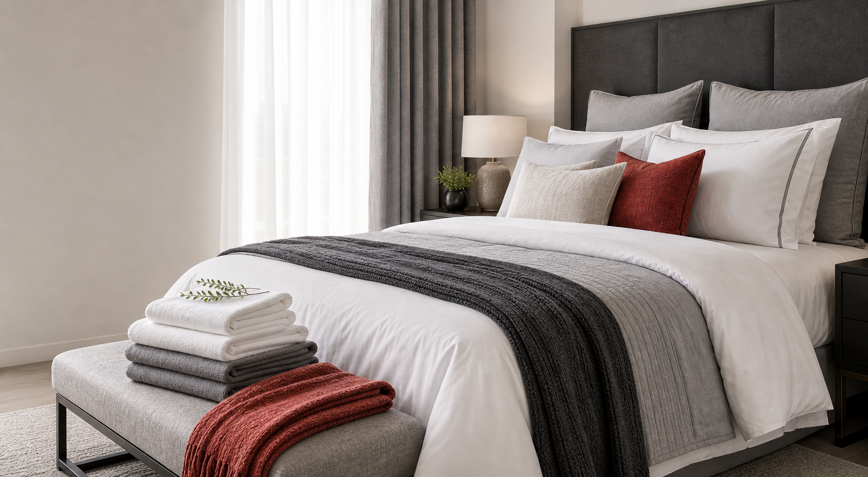Styled bed linen, pillows, throws, and towels